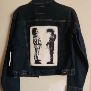 Dark Blue Jean Jacket with Beetle Juice/Edward Scissorhands Graphic Design Patch